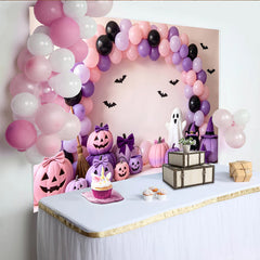 Lofaris Pastel Pink Purple Halloween Backdrop with Cute Pumpkins, Ghost, and Bats, Spooky Party Photography Background for Kids