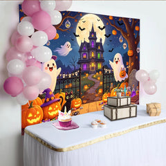 Lofaris Cute Cartoon Halloween Backdrop with Ghosts, Pumpkins and Haunted House, Festive Night Party Decor for Trick or Treat Photography