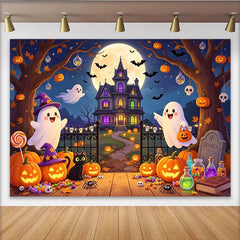 Lofaris Cute Cartoon Halloween Backdrop with Ghosts, Pumpkins and Haunted House, Festive Night Party Decor for Trick or Treat Photography