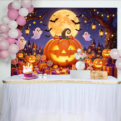 Lofaris Spooky Halloween Backdrop with Glowing Jack-o'-Lanterns, Ghosts and Bats, Haunted Castle Full Moon Party for Spooky Photoshoot