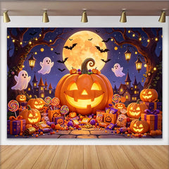 Lofaris Spooky Halloween Backdrop with Glowing Jack-o'-Lanterns, Ghosts and Bats, Haunted Castle Full Moon Party for Spooky Photoshoot