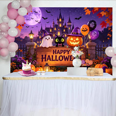Lofaris Happy Halloween Backdrop with Cute Ghost and Black Cat, Purple Night Sky Photography Background for Party Decor.