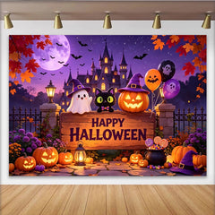 Lofaris Happy Halloween Backdrop with Cute Ghost and Black Cat, Purple Night Sky Photography Background for Party Decor.