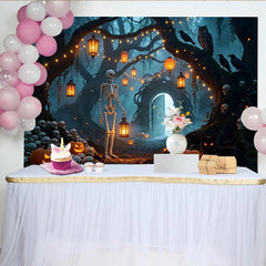Lofaris Spooky Halloween Backdrop with Skeletons, Jack-O-Lanterns and Mystical Forest Archway, Eerie Photography Background for Party Decor