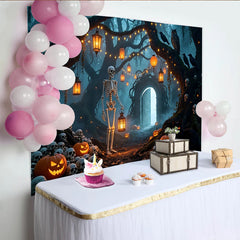 Lofaris Spooky Halloween Backdrop with Skeletons, Jack-O-Lanterns and Mystical Forest Archway, Eerie Photography Background for Party Decor