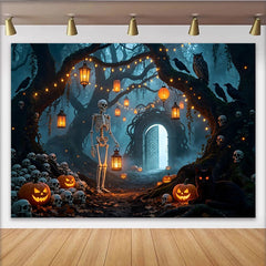 Lofaris Spooky Halloween Backdrop with Skeletons, Jack-O-Lanterns and Mystical Forest Archway, Eerie Photography Background for Party Decor