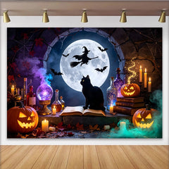 Lofaris Spooky Halloween Backdrop with Full Moon, Witch, and Flying Bats, Magical Black Cat and Pumpkin Decor for Party