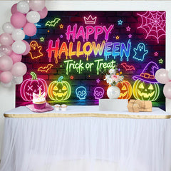 Lofaris Neon Happy Halloween Backdrop with Pumpkins, Ghosts and Spiderwebs, Colorful Brick Wall Background for Party Decor