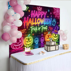 Lofaris Neon Happy Halloween Backdrop with Pumpkins, Ghosts and Spiderwebs, Colorful Brick Wall Background for Party Decor