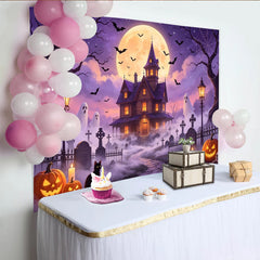 Lofaris Spooky Haunted House Halloween Backdrop with Full Moon, Bats, and Ghosts, Eerie Graveyard Photography Background