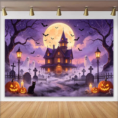 Lofaris Spooky Haunted House Halloween Backdrop with Full Moon, Bats, and Ghosts, Eerie Graveyard Photography Background