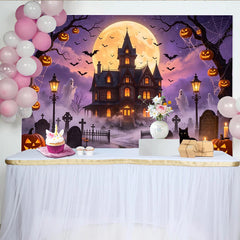 Lofaris Spooky Halloween Haunted House Backdrop with Full Moon, Bats, and Glowing Pumpkins, Eerie Graveyard Background for Party Decor