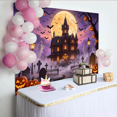 Lofaris Spooky Halloween Haunted House Backdrop with Full Moon, Bats, and Glowing Pumpkins, Eerie Graveyard Background for Party Decor