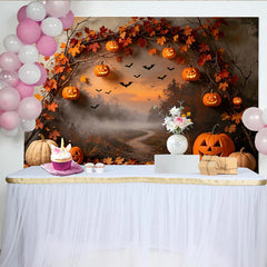 Lofaris Spooky Halloween Backdrop with Carved Pumpkins and Autumn Leaves, Misty Forest Path Background for Fall Party Decoration