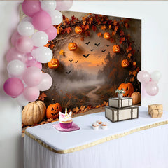 Lofaris Spooky Halloween Backdrop with Carved Pumpkins and Autumn Leaves, Misty Forest Path Background for Fall Party Decoration