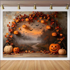 Lofaris Spooky Halloween Backdrop with Carved Pumpkins and Autumn Leaves, Misty Forest Path Background for Fall Party Decoration