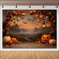 Lofaris Spooky Halloween Backdrop with Jack-o'-Lanterns, Autumn Leaves and Flying Bats, Misty Forest Photography Background for Party Decor