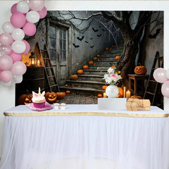 Lofaris Spooky Halloween Backdrop with Jack-o'-Lanterns, Bats and Old House Stairs, Eerie Night Scene Background for Spooky Party Decor