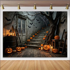 Lofaris Spooky Halloween Backdrop with Jack-o'-Lanterns, Bats and Old House Stairs, Eerie Night Scene Background for Spooky Party Decor