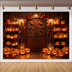 Lofaris Rustic Halloween Backdrop with Glowing Pumpkins and Bats, Autumn Leaves and Lanterns for Spooky Party Decor and Photoshoot