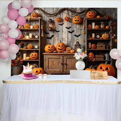 Lofaris Rustic Wooden Halloween Backdrop with Carved Pumpkins and Flying Bats, Spooky Autumn Party Decor for Studio Photography Background