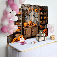 Lofaris Rustic Wooden Halloween Backdrop with Carved Pumpkins and Flying Bats, Spooky Autumn Party Decor for Studio Photography Background