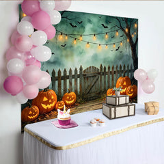 Lofaris Spooky Halloween Backdrop with Glowing Jack-o-lanterns, Bats, and Misty Trees, Wooden Fence Photography Background for Party Decor