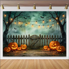 Lofaris Spooky Halloween Backdrop with Glowing Jack-o-lanterns, Bats, and Misty Trees, Wooden Fence Photography Background for Party Decor