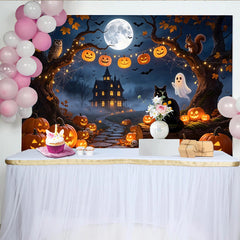 Lofaris Spooky Haunted House Halloween Backdrop, Full Moon and Jack-o'-Lanterns Photography Background for Party Decor