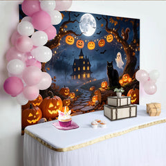 Lofaris Spooky Haunted House Halloween Backdrop, Full Moon and Jack-o'-Lanterns Photography Background for Party Decor