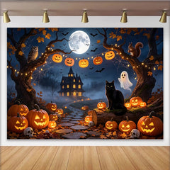 Lofaris Spooky Haunted House Halloween Backdrop, Full Moon and Jack-o'-Lanterns Photography Background for Party Decor