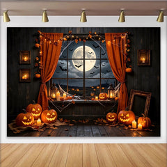 Lofaris Spooky Halloween Backdrop with Jack-o'-lanterns and Full Moon, Dark Night Window Background for Spooky Party Decor and Photoshoot