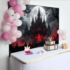 Lofaris Dark Gothic Castle Halloween Backdrop with Full Moon and Flying Bats, Spooky Red Glow Background for Party Decor