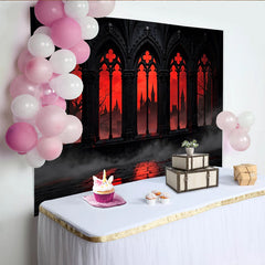 Lofaris Dark Gothic Castle Photography Backdrop with Red Sky and Arched Windows, Dramatic Studio Background for Halloween Party
