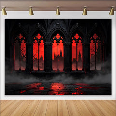 Lofaris Dark Gothic Castle Photography Backdrop with Red Sky and Arched Windows, Dramatic Studio Background for Halloween Party