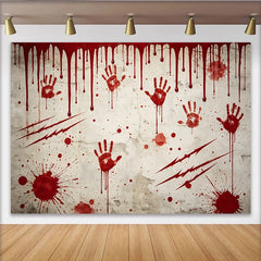 Lofaris Distressed Wall Horror Photography Backdrop with Red Handprints and Splatters, Spooky Studio Background for Halloween Party Decor