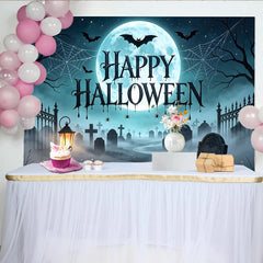 Lofaris Spooky Halloween Backdrop with Full Moon, Bats and Graveyard Scene, Misty Cemetery Photo Background for Holiday Party Decoration