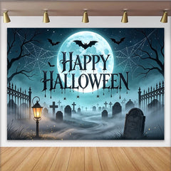 Lofaris Spooky Halloween Backdrop with Full Moon, Bats and Graveyard Scene, Misty Cemetery Photo Background for Holiday Party Decoration