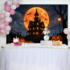 Lofaris Spooky Haunted House Halloween Backdrop with Glowing Jack-O'-Lanterns, Creepy Night Scene Background for Party Decor