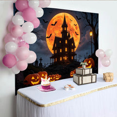 Lofaris Spooky Haunted House Halloween Backdrop with Glowing Jack-O'-Lanterns, Creepy Night Scene Background for Party Decor