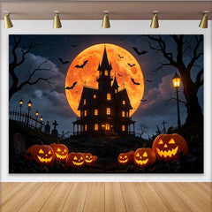 Lofaris Spooky Haunted House Halloween Backdrop with Glowing Jack-O'-Lanterns, Creepy Night Scene Background for Party Decor