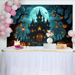 Lofaris Haunted Castle Halloween Backdrop with Full Moon and Jack-o'-Lanterns, Eerie Night Party Decor Background for Photoshoots