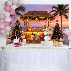 Lofaris Tropical Beach Christmas Backdrop with Palm Trees and Tiki Bar, Festive Holiday Background for Winter Vacation Party