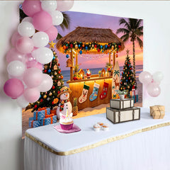Lofaris Tropical Beach Christmas Backdrop with Palm Trees and Tiki Bar, Festive Holiday Background for Winter Vacation Party