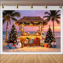 Lofaris Tropical Beach Christmas Backdrop with Palm Trees and Tiki Bar, Festive Holiday Background for Winter Vacation Party