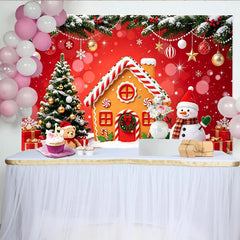 Lofaris Red Christmas Gingerbread House Backdrop with Snowman and Tree, Festive Winter Holiday Background for Party Decoration