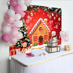 Lofaris Red Christmas Gingerbread House Backdrop with Snowman and Tree, Festive Winter Holiday Background for Party Decoration