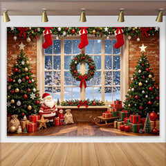 Lofaris Christmas Window Backdrop with Decorated Trees and Gifts, Festive Holiday Background for Family Photoshoots and Party Decor
