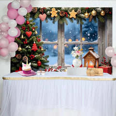 Lofaris Cozy Christmas Tree Window Backdrop with Snow and Gifts, Festive Winter Holiday Scene Background for Photography