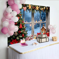 Lofaris Cozy Christmas Tree Window Backdrop with Snow and Gifts, Festive Winter Holiday Scene Background for Photography